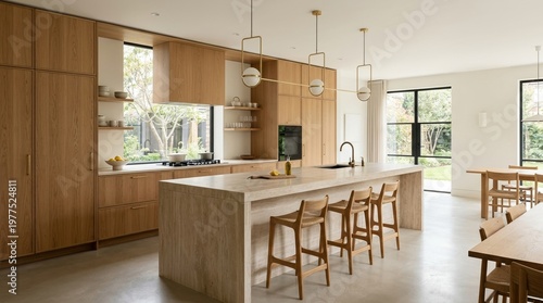 Wide-angle view of a spacious kitchen interior dominated by warm oak cabinetry and a stone island, with stools and pendant lights