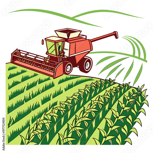 A red combine harvester machine harvesting crops in a green field with a