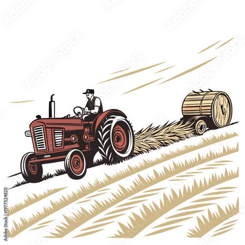 Man driving tractor pulling hay bail through field with grass and straw
