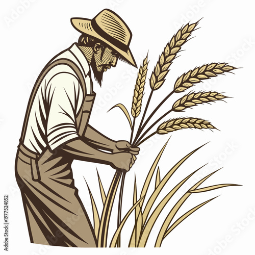 Man in a hat harvesting wheat on a farm with a