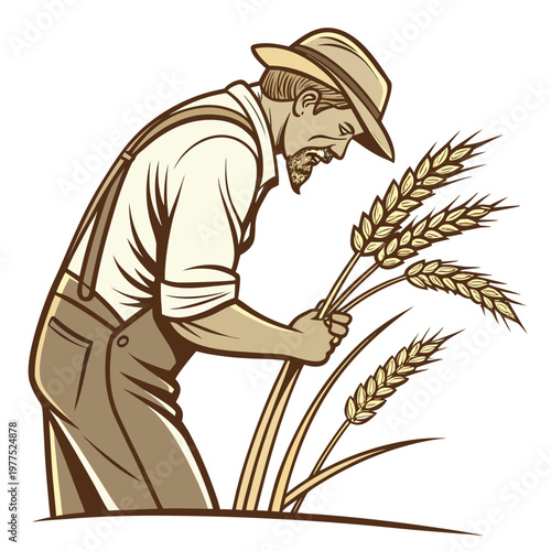 A man in a hat and overalls holding wheat