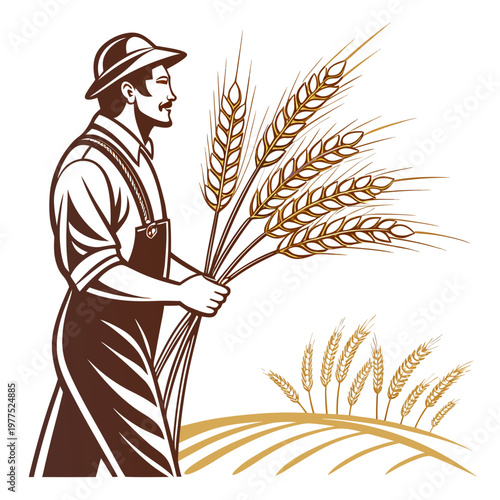 Man in overalls and hat holding wheat stalks in field illustration