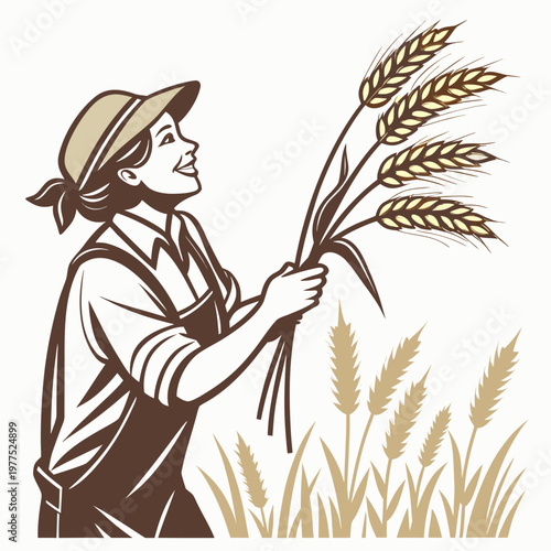 Vector illustration of a smiling farmer woman holding wheat stalks in a rustic scene with a field of wheat in the background
