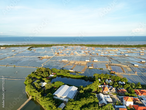 Aerial view of coastal salt evaporation ponds with ocean horizon and small seaside village