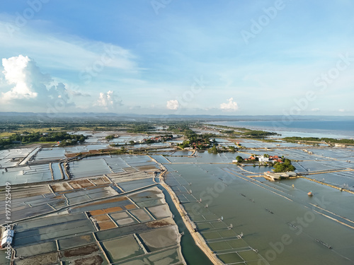 Aerial Panorama of Coastal Salt Ponds and Fish Farms Under Blue Sky