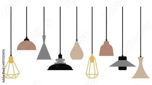 Modern pendant lamp set with various minimalist lighting fixtures and silhouettes.