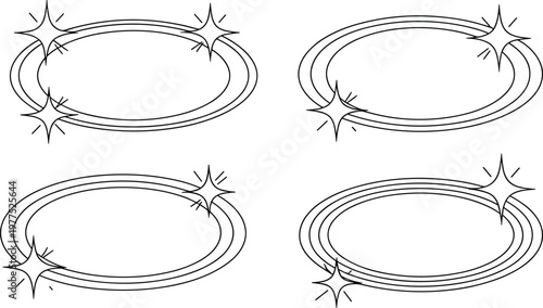 Set of Creative Oval Sparkle Frame Borders with Shining Stars Line Art Vector Illustration for Product Highlights and Glamorous Social Media Designs.