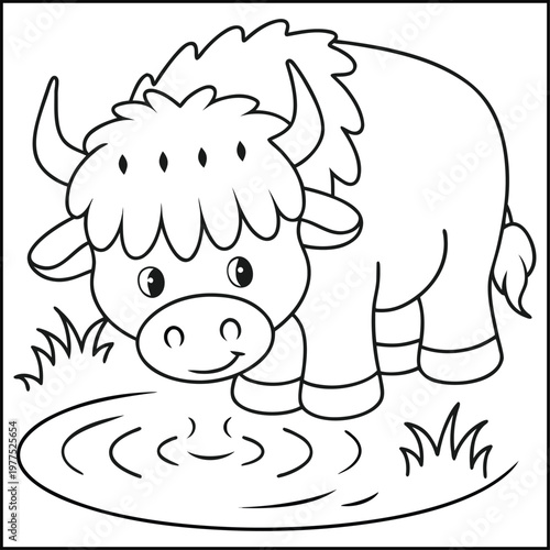 A cartoon illustration of a smiling yak drinking from a puddle in a grassy field