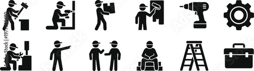 Construction workers and tools a monochrome icon set illustration