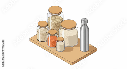 Isometric Kitchen Pantry Jars with Grains and Stainless Steel Water Bottle on Wooden Shelf, Zero Waste Lifestyle and Sustainable Home Organization Concept