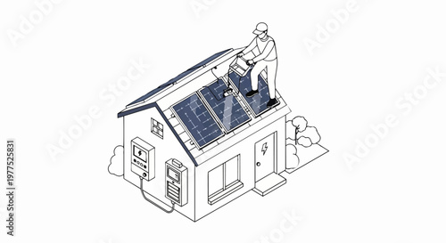 Isometric Solar Panel Installation on Residential House with Technician and Energy Storage System