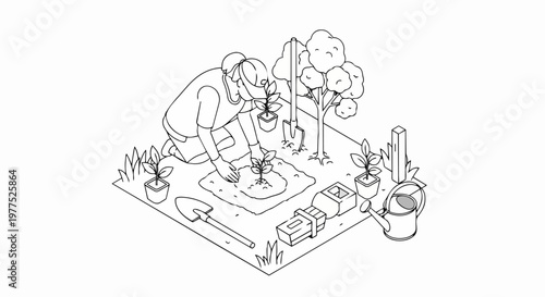 Isometric Line Art Illustration of a Woman Planting a Sapling in a Garden. Sustainability, Gardening Hobby, and Environmental Conservation Concept Outline.