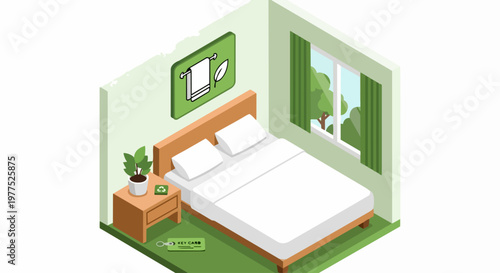 Isometric Eco-Friendly Hotel Room Illustration - Sustainable Travel and Green Hospitality Concept