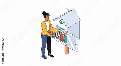 Woman Donating Books to a Community Library Box with Recycle Symbol, Isometric Illustration of Book Sharing and Sustainability