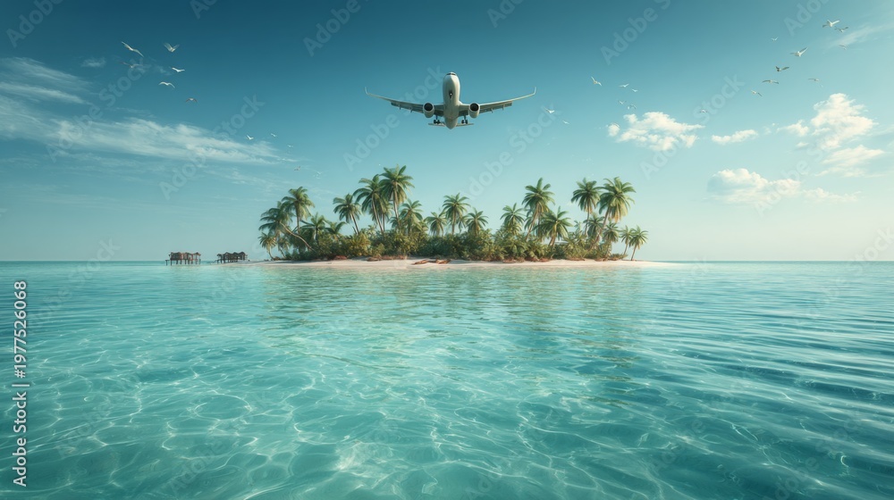 Naklejka premium Airplane Flying Over a Tropical Island with Crystal Clear Water and Lush Palm Trees in a Perfect Vacation Setting