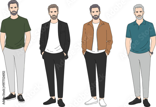 Collection of Fashionable Middle Aged Men Character Vector Set Wearing Casual Outfits Blazers Jackets and T-Shirts for Lifestyle Illustration.