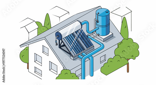 Isometric Illustration of a Solar Water Heating System on a Residential House Roof for Renewable Energy and Sustainable Living