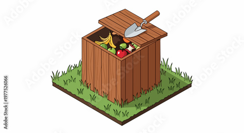Isometric Wooden Compost Bin with Organic Food Waste and Garden Trowel Illustration