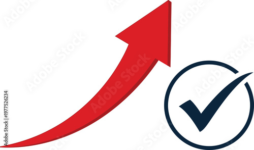 A bold red three dimensional arrow pointing upwards and to the right next to a dark blue checkmark symbol enclosed within a circular outline on a plain white background representing growth and success