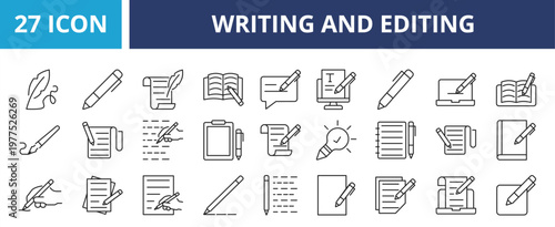 Writing and editing web banner icon set outline multistyle vector illustrations concept