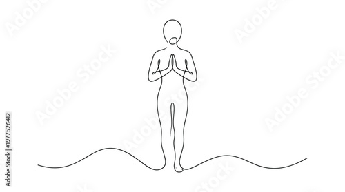 Minimalist line art of a person in prayer or meditation pose standing on a wavy line representing earth or ground