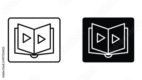 Open book icons with play buttons in contrasting background colors