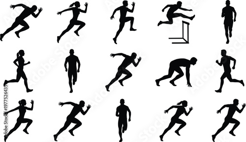 Collection of athlete silhouettes in running, sprinting, and hurdling poses, sports illustration reference for fitness, design, art, and motion studies