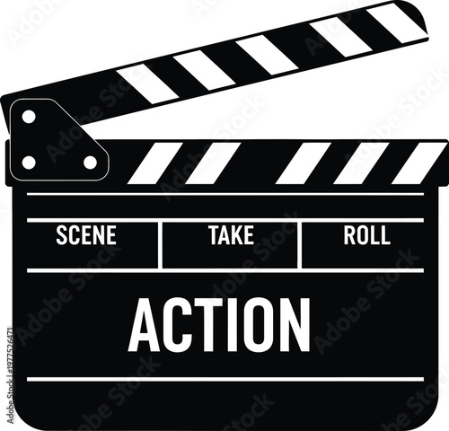 Black and white clapperboard with open stick and text labels for scene take and roll with the word action printed in the center of the board on a plain white background