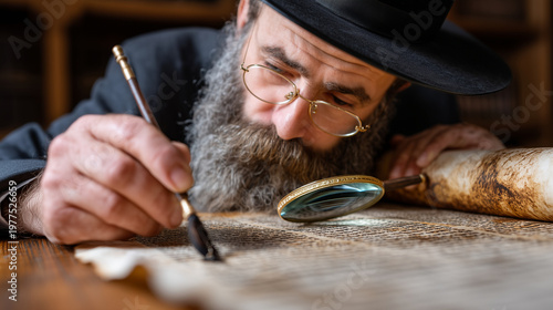 Jewish scribe carefully writing Torah scroll with quill and ink, magnifying glass and ancient parchment on desk, concentrated craftsmanship and sacred text preservation, perfect fo