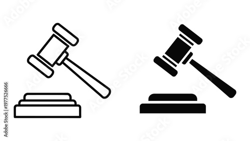Contrasting styles of judicial gavel icons on a flat background