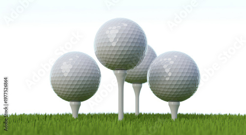 Four white golf balls on wooden tees arranged in green grass against a plain white background