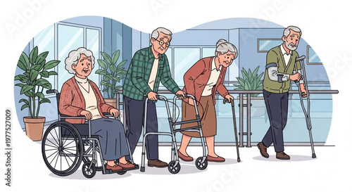 Group of senior people using different mobility aids in a nursing home or hospital corridor.