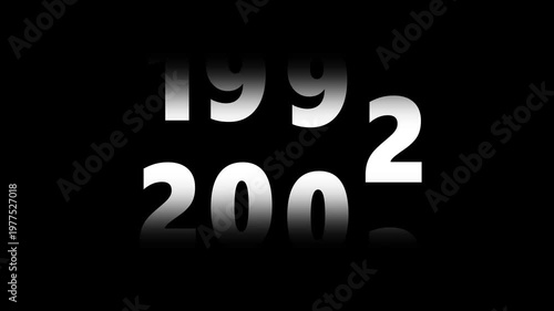 Fast time lapse speed timer showing years changing from 1960 to 2025 on black background representing historical progress future transition passing rapid chronology visual animation alpha channel.
