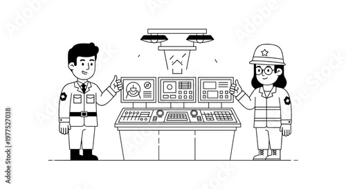 Two smiling professionals, one in a suit and the other in a hard hat, give thumbs up near a complex control panel with multiple screens displaying data and charts, signifying