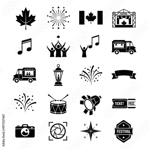 Canadian maple leaf, diverse festive elements including fireworks, musical notes, happy people, food trucks, stage, lantern, drum, spotlight, ticket, camera, aperture, compass