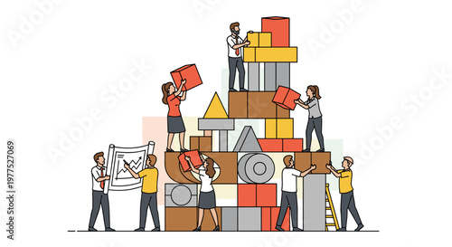 Diverse team collaborating, building a towering structure with geometric blocks, one person reviewing charts and plans, symbolizing project development, growth, and teamwork in a