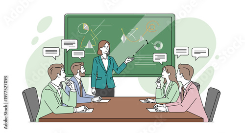 Professional business meeting with a presenter explaining charts and graphs on a green chalkboard to attentive colleagues sitting around a large wooden table, fostering