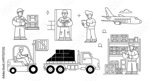 Warehouse workers skillfully manage cargo, loading shipments onto a truck and forklift, while an airplane prepares for flight, showcasing efficient logistics and global
