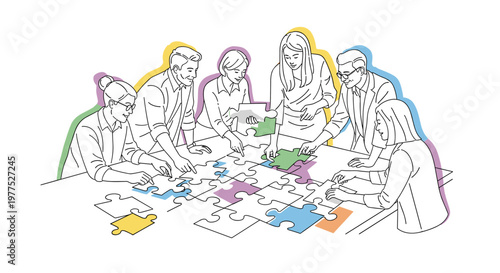 Diverse group of professionals collaborating on a complex jigsaw puzzle, symbolizing teamwork, problem-solving, strategy, and shared goals with clean line art and vibrant pastel