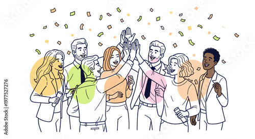 Diverse team members celebrate success with high fives and confetti, conveying achievement, teamwork, and positive collaboration in a modern, minimalist line art style with pastel