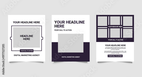 Modern minimalist promotional templates featuring clean lines, bold typography, and contrasting dark purple and white color schemes, perfect for digital marketing agencies and
