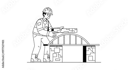 Skilled construction worker wearing protective helmet and vest carefully places brick onto archway structure, clean line art depicting infrastructure development and engineering
