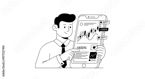 Smiling businessman wearing a tie points at a smartphone displaying a stock market chart with a steep downward trend and a significant percentage loss, representing financial