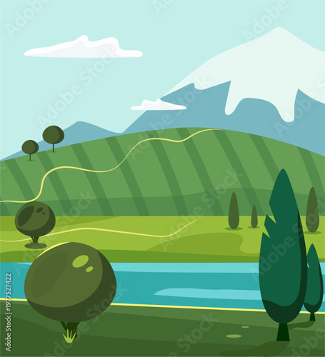 A field on the bank of a river with green meadows and trees, hand-painted. Green meadows and fields, blue sky and mountains. Nature poster, poster, picture, cover, for a book, coloring pages.