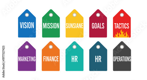 Colorful business tags representing strategic planning concepts: vision, mission, goals, tactics, marketing, finance, hr, and operations, ideal for corporate presentations and