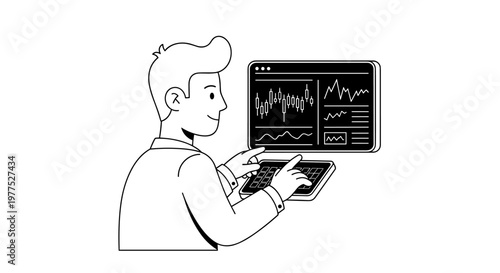 Smiling person interacting with digital financial trading charts displayed on a dark computer screen, utilizing a keyboard for data input, showcasing a clean, scalable vector