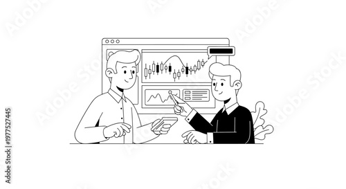 Two friendly businessmen collaborate, analyzing financial charts and stock market data on a computer screen, discussing investment strategies with a tablet device, showcasing