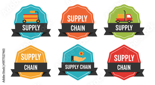 Modern graphic icons representing logistics and distribution processes with clean lines, vibrant color palettes, and scalable vector shapes for commercial applications, featuring