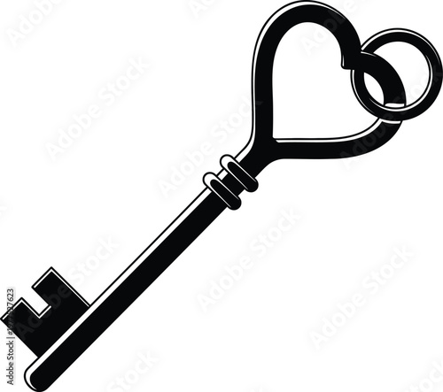 Black silhouette of an antique skeleton key with a heart shaped bow and a small metal ring attached to the isolated on a plain white background 1