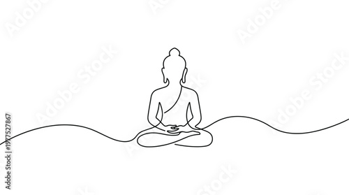 Minimalist line art of Buddha meditating in lotus pose on a wavy abstract background, symbolizing peace and enlightenment